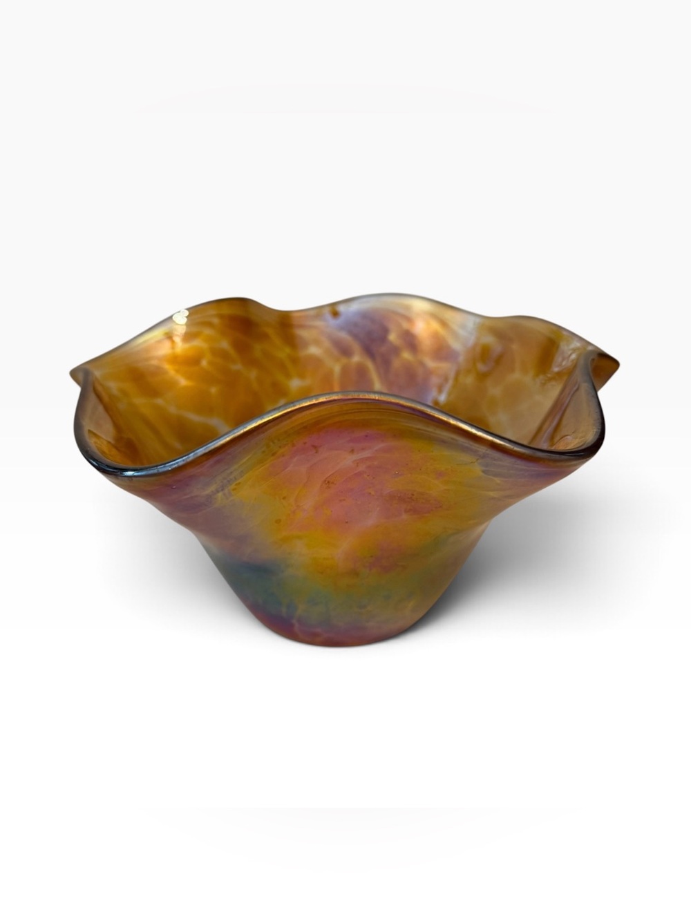 Vintage Iridescent Amber-Gold Handblown Art Glass Bowl